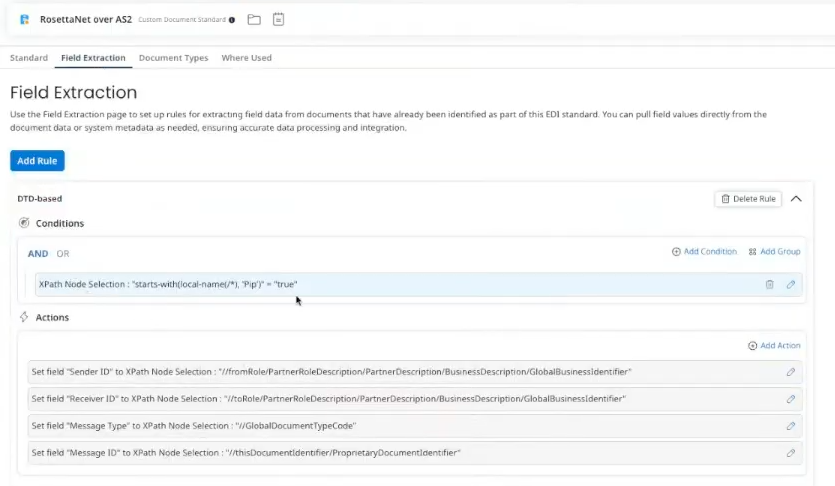 Screenshot of custom document stanard field extraction screen