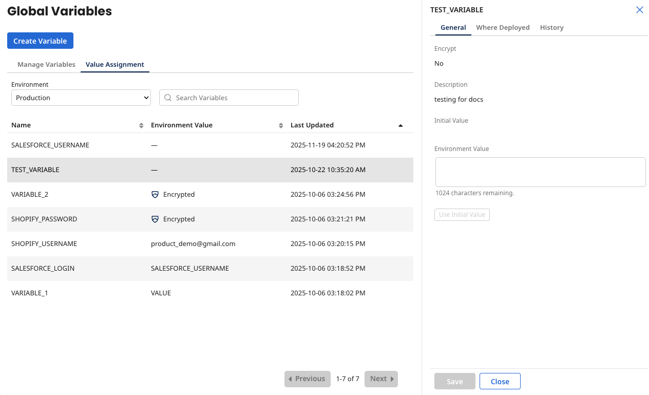 the value assignment tab, showing a variable selected and the information pane