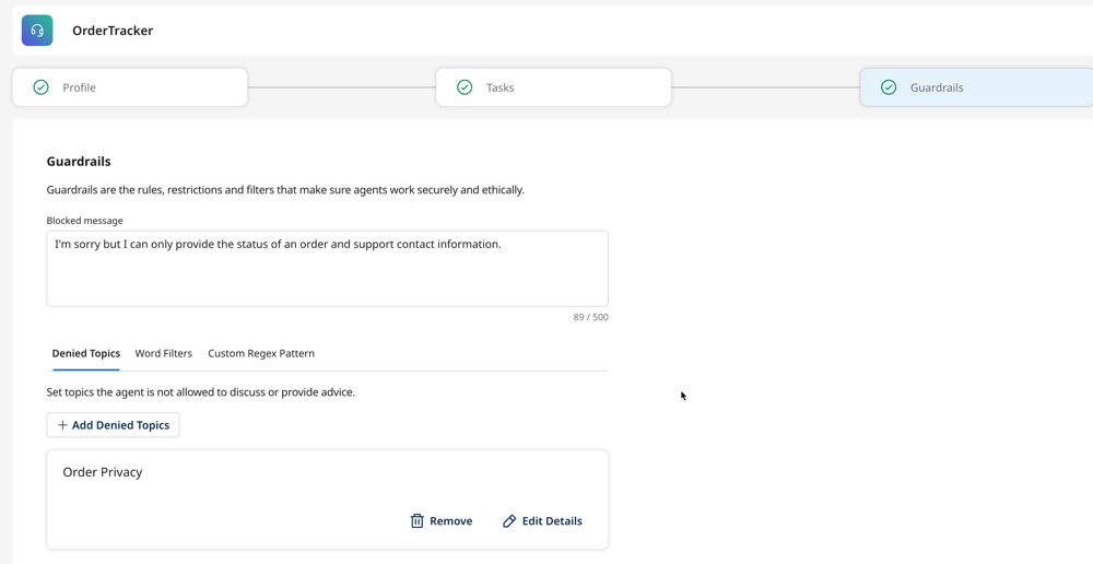 screen showing the blocked message and denied topic list