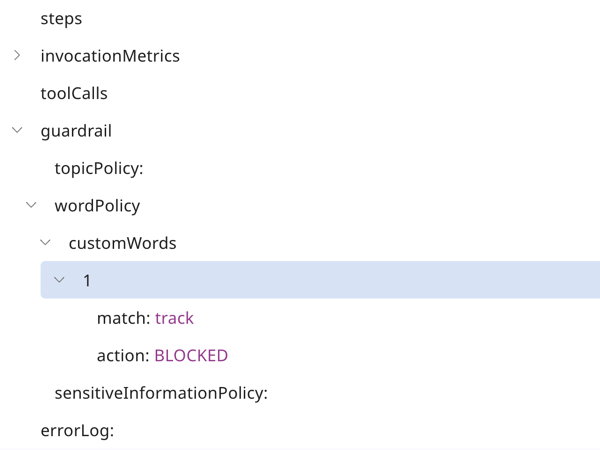 image shows word policy matching a work and a blocked action type