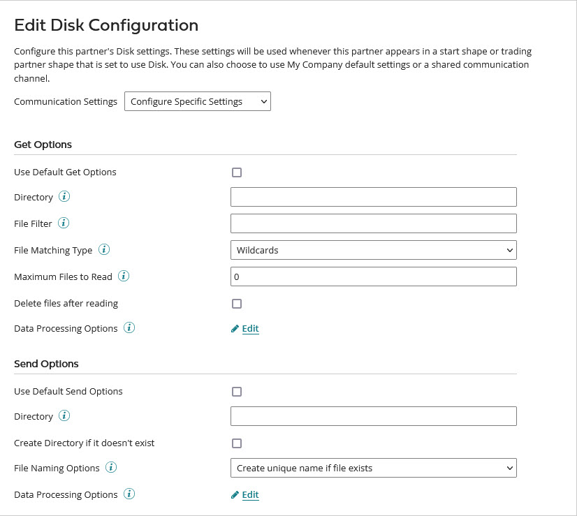 Trading Partner Communication tab, Disk configuration.