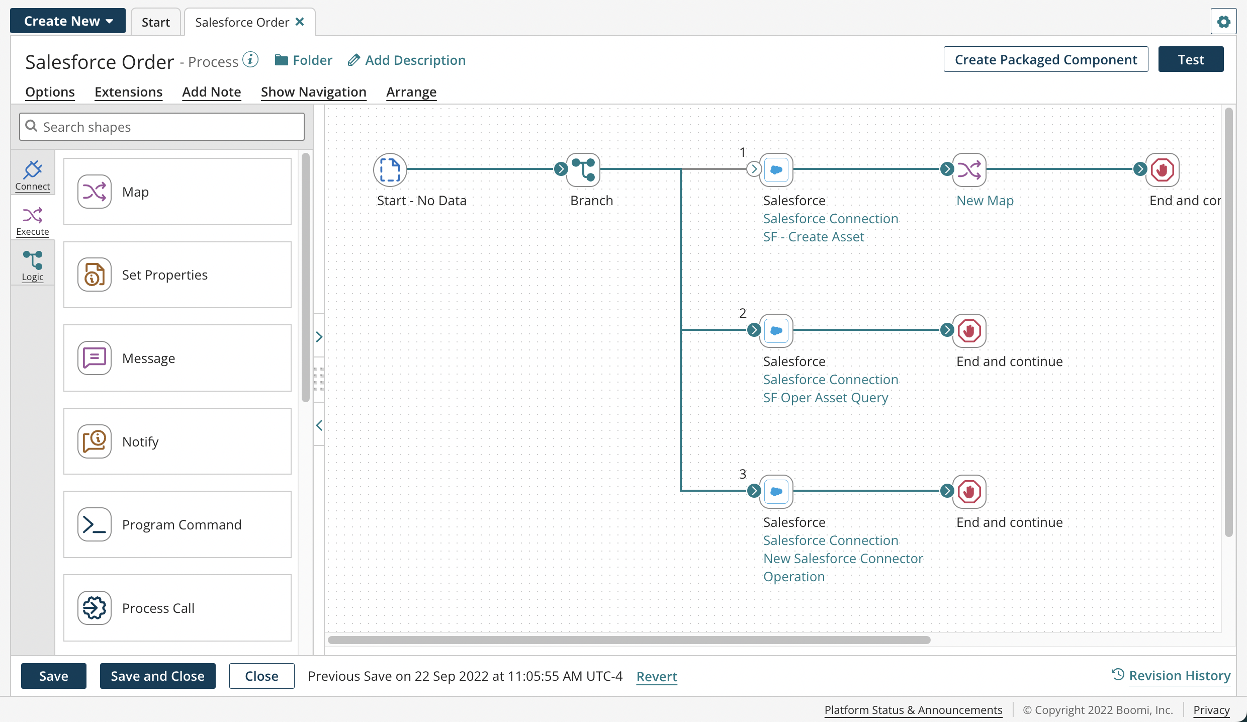 The process Salesforce Orders is open on the Build page. The series of steps in the process is visible on the canvas.