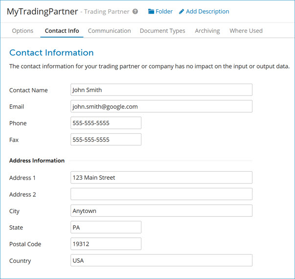 Trading Partner Contact Info tab.