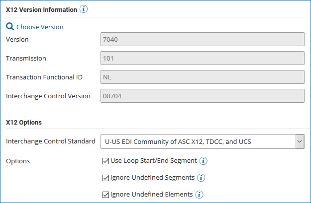 X12 Version Information section of the EDI profile’s Options tab.
