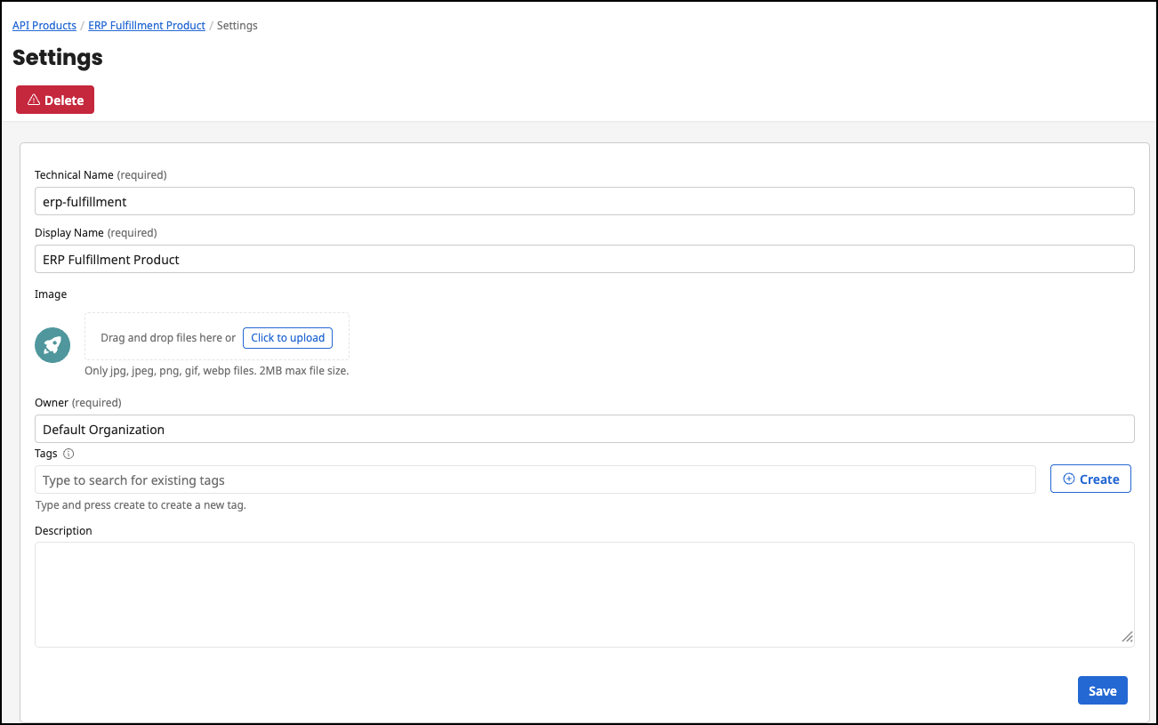 Administration Portal - API Products - Settings