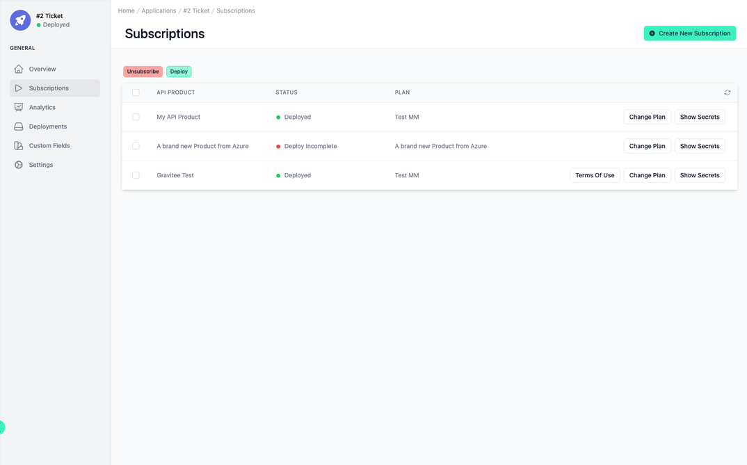 Administration Portal - Applications - Subscriptions