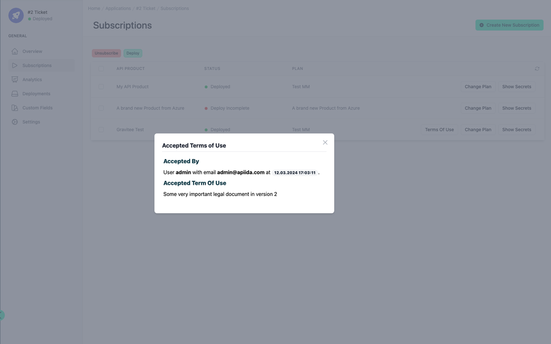 Administration Portal - Applications - Subscriptions