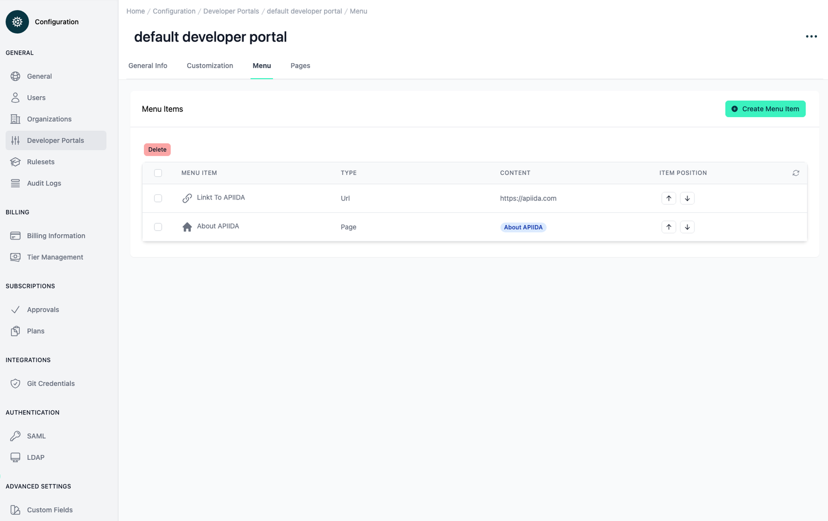 CMS - Admin portal - Menu