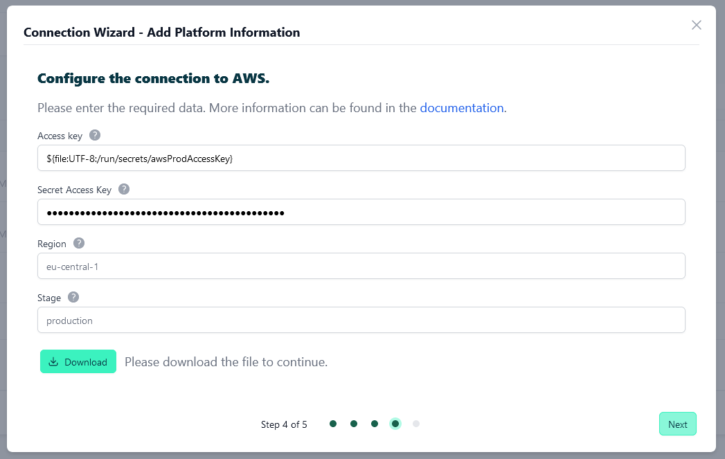 Advanced Config - Connection wizard - Add platform info - Secret Key