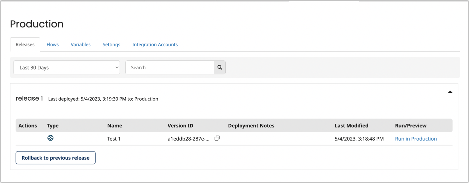 Each individual environment tab page allows you to manage your environment releases, variables and settings.