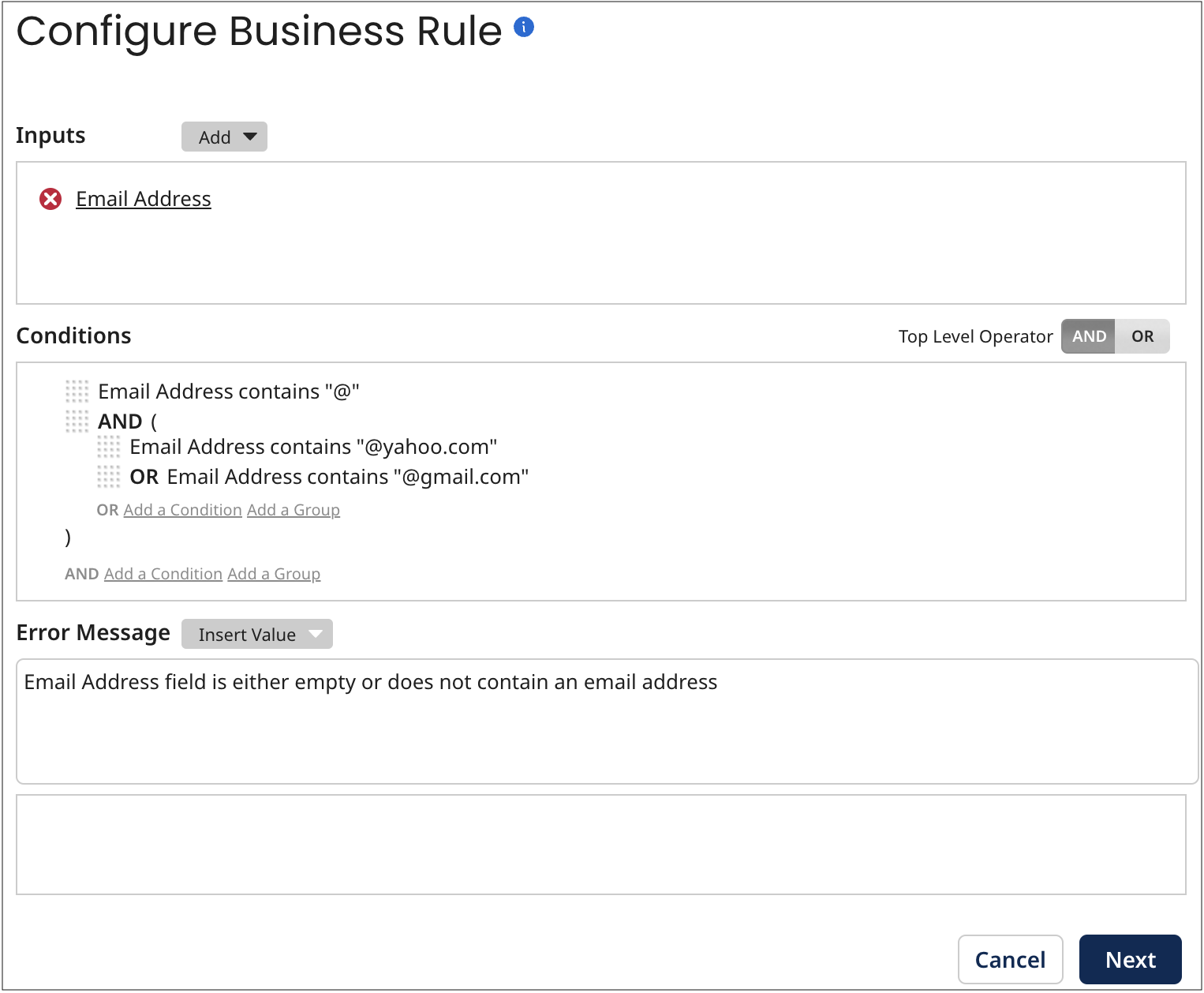 Configure Business Rule screen of the Data Quality Step wizard
