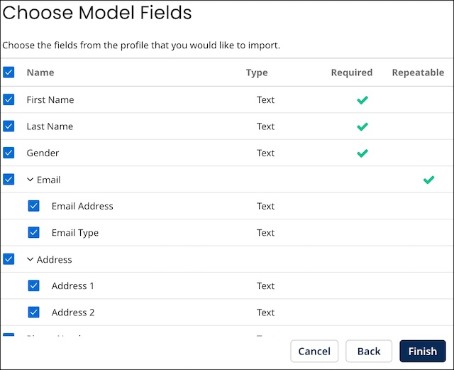 Choose the fields from the profile that you would like to import.
