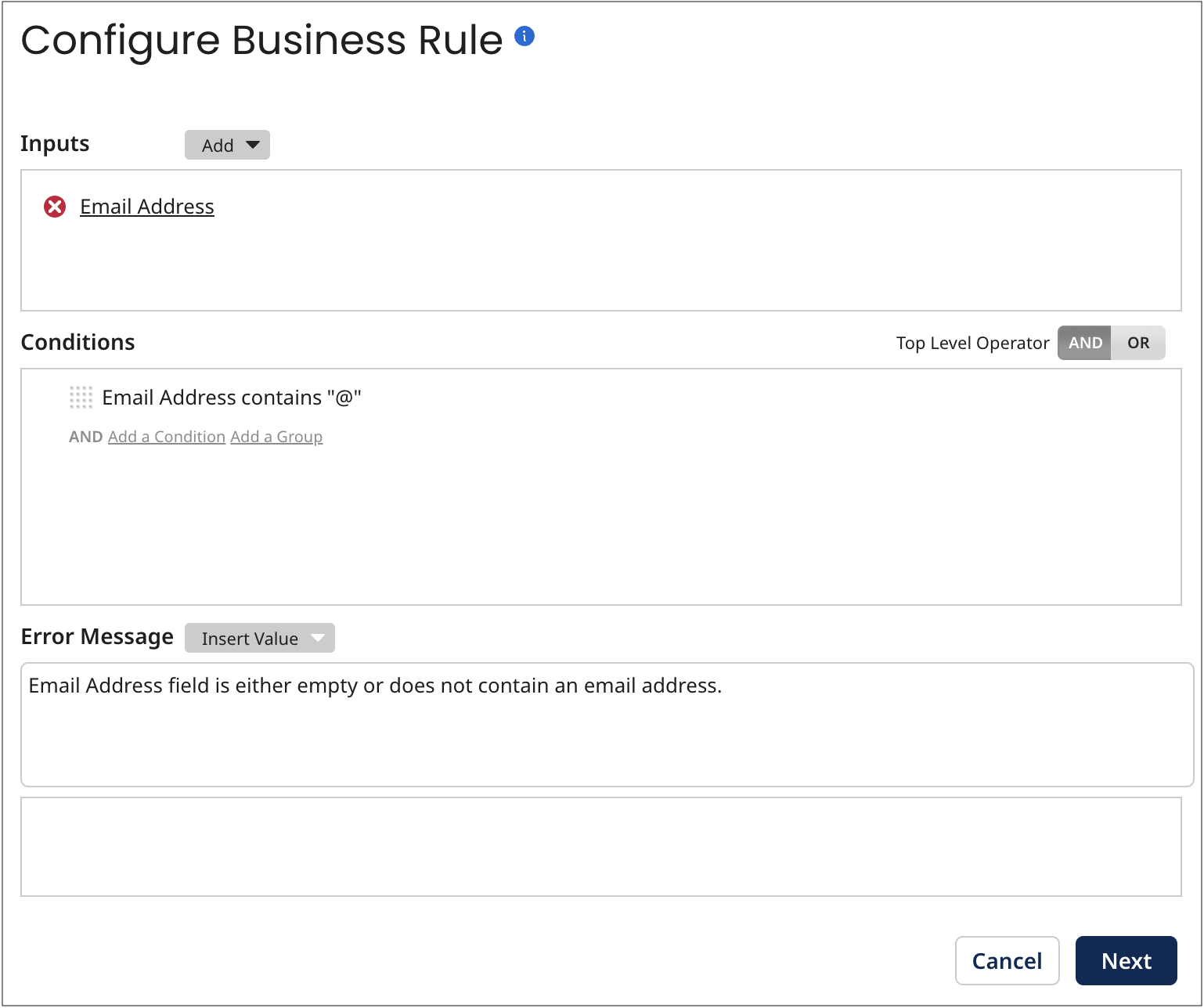 Using the Configure Business Rule dialog to configure a business rule for evaluating Email Address field values in contributed entities