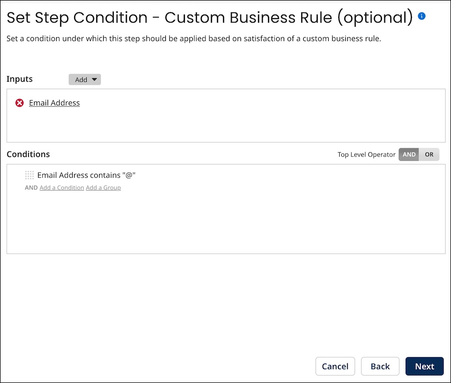 Set Step Condition - Custom Business Rule screen of the Data Quality Step wizard