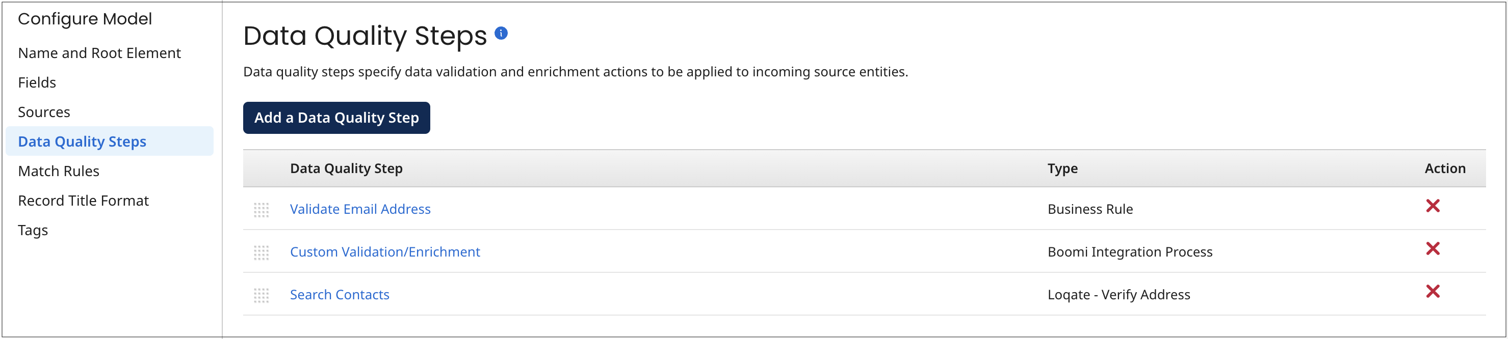 This example of the Data Quality tab in the model page shows three data quality steps.