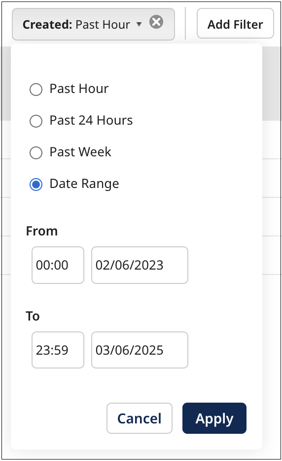 Dialog for applying a filter by created date