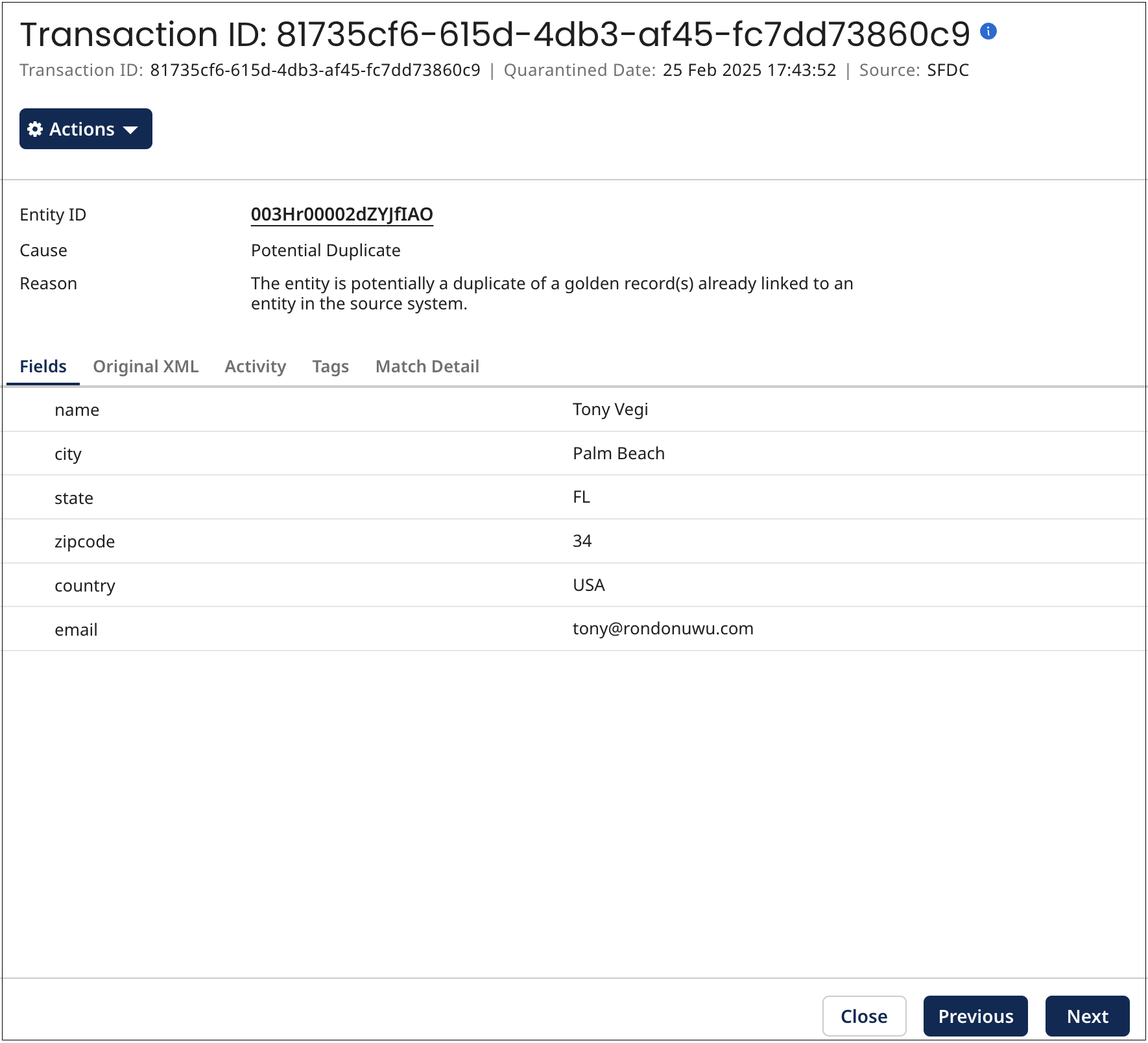 Details view for a quarantine entry