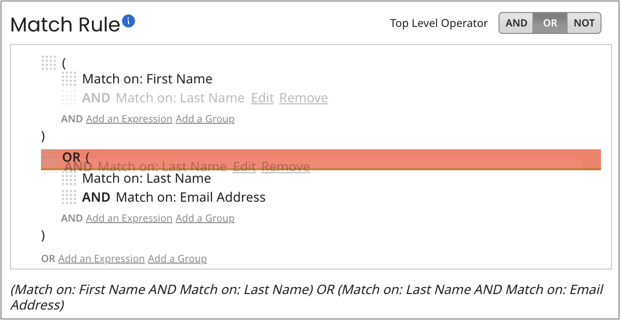 Reordering expressions and expression groups are drag-and-drop operations.