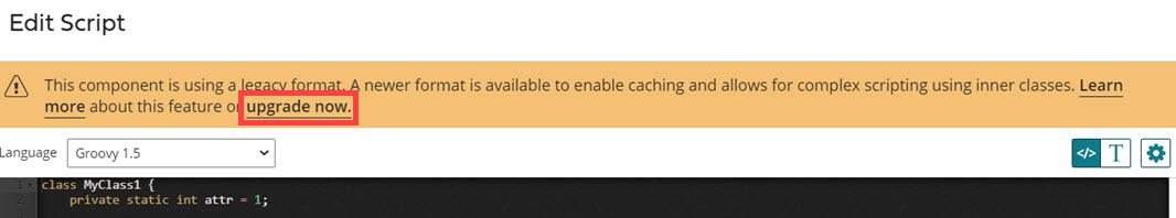 The upgrade now link is highlighted in the Edit Script window.