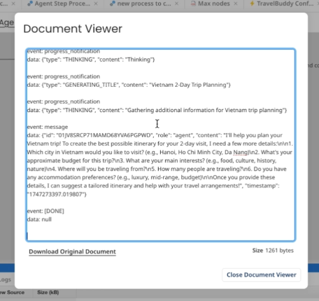 before using the data process step, the agent step's output includes event notifications and other information