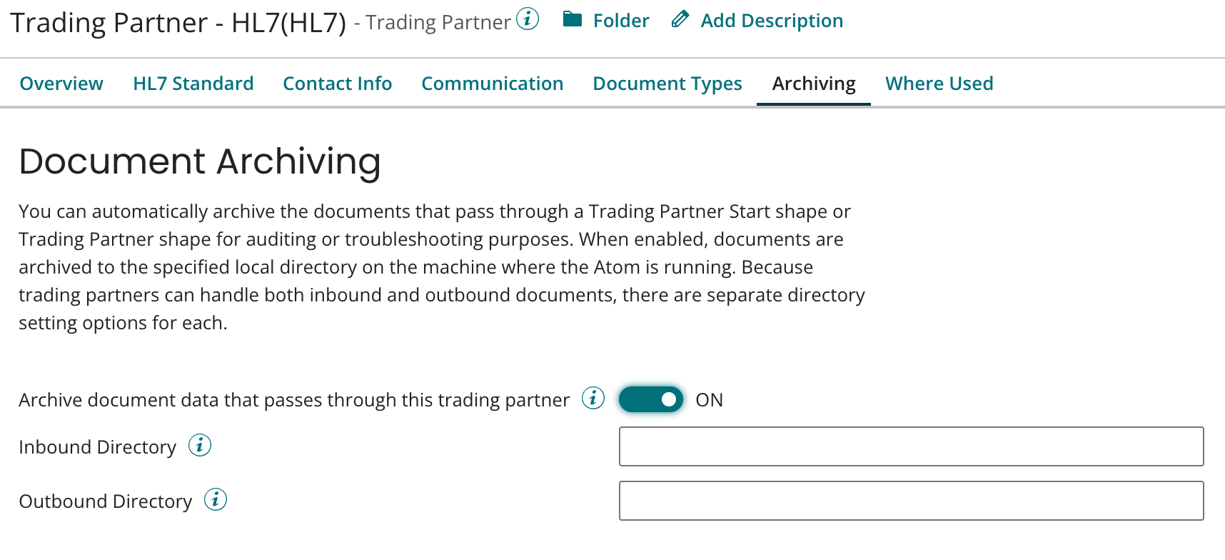 Trading Partner Archiving tab.