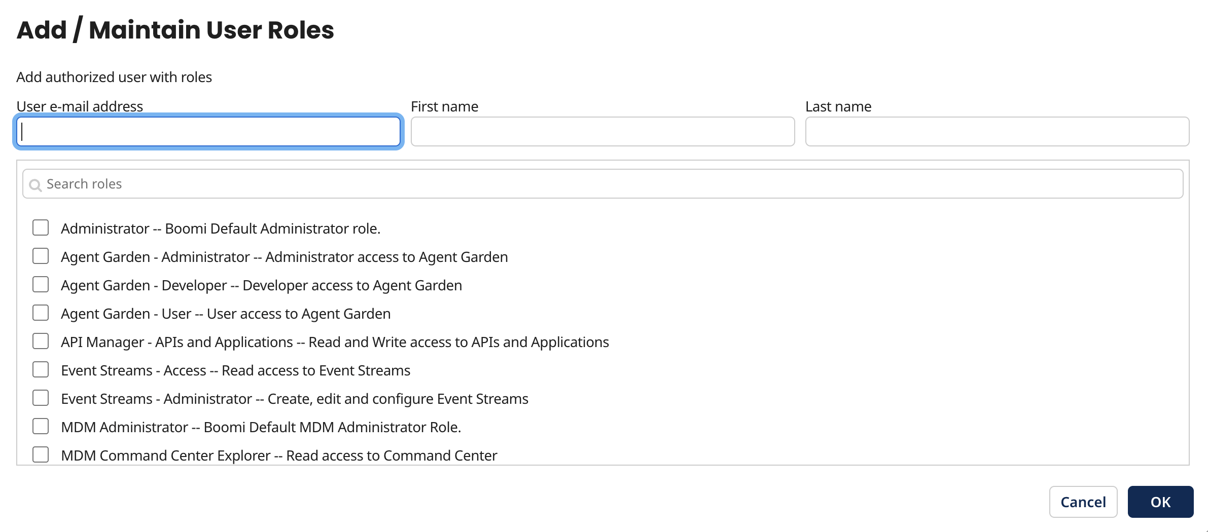 Add/Maintain User Roles dialog