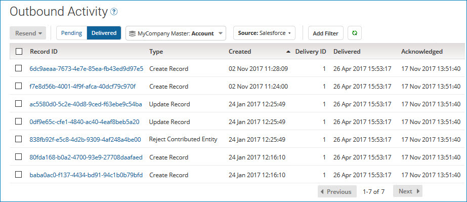 Outbound Activity page example